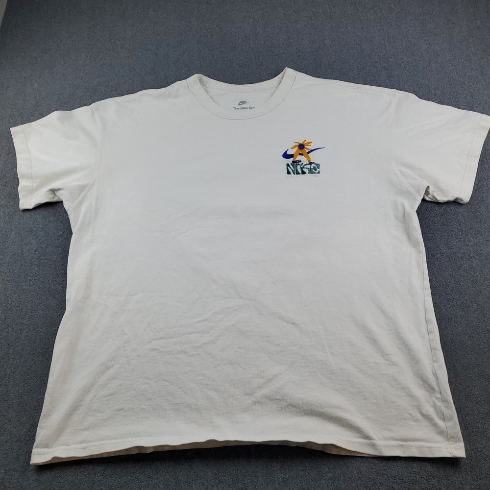 Nike Swoosh graphic t-shirt Floral print front and back Men’s Size XL Beige