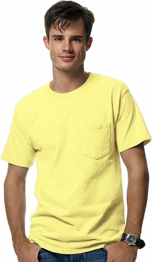Mens Hanes Beefy-T with Pocket 5190 Yellow Cotton Short Sleeve T-Shirt Size S