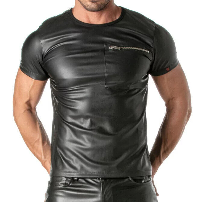TOF PARIS Kinky Zippered Pockets T-Shirt High Quality Leather-Look Black Shirt 4