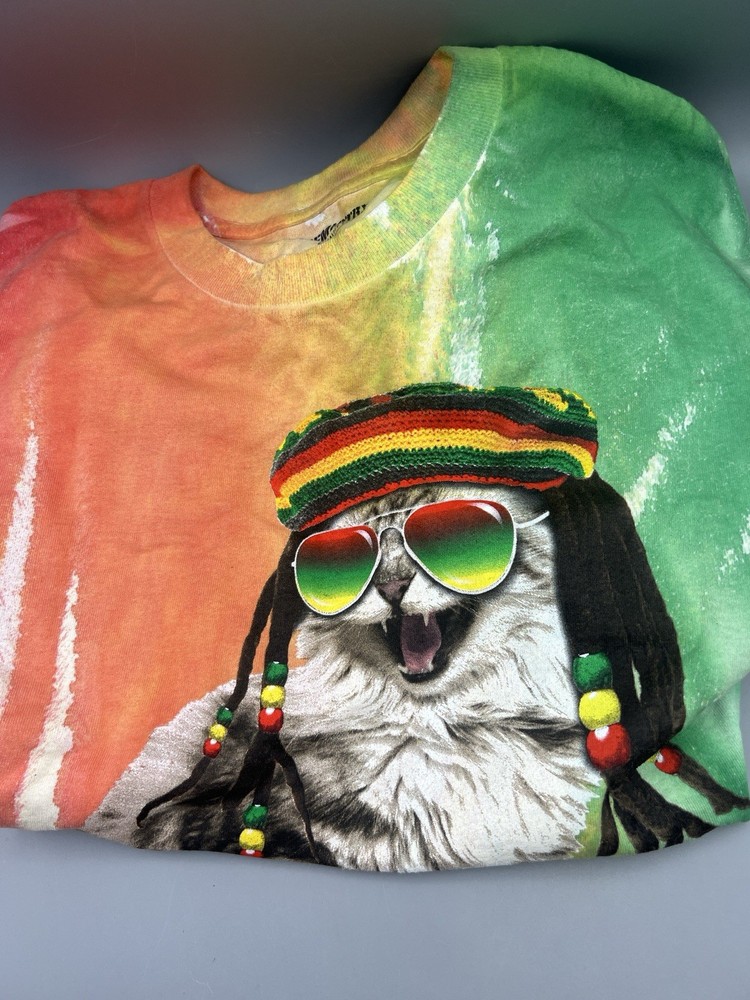 Cat Face Reggae Tie Dye T-Shirt 2XL (50/52) Colorful Psychedelic Graphic Tee