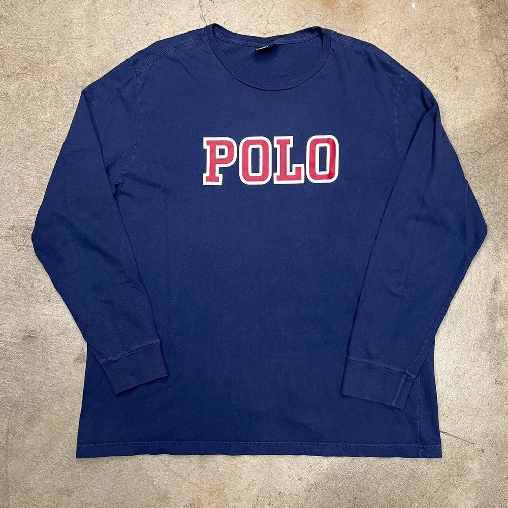 Vintage Polo Ralph Lauren navy long sleeve shirt collegiate Block spell out logo