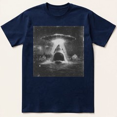 Funny Shark Abduction T-Shirt UFO Alien Vintage Art Sci-Fi Graphic Tee S-5XL