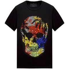 New Fashion Trend Skull Rhinestone Short Sleeve Luxury Men Black White T-Shirt
