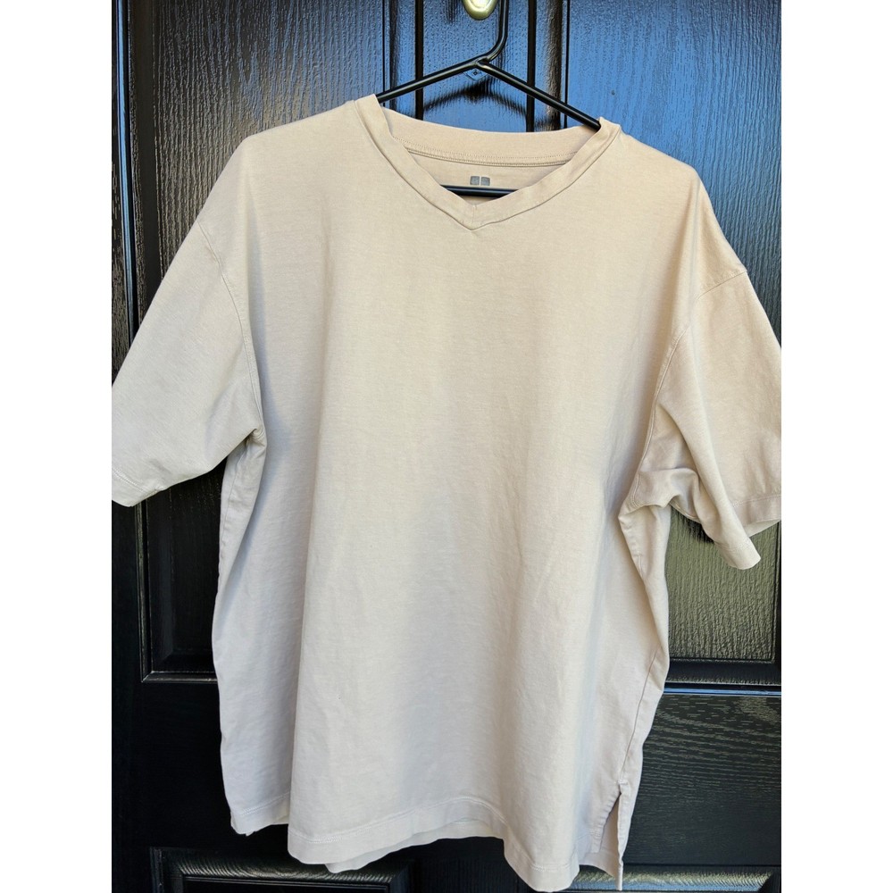 Uniqlo Airism Cotton Oversized V-Neck T-Shirt Beige Tan Mens XL Short Sleeve Tee