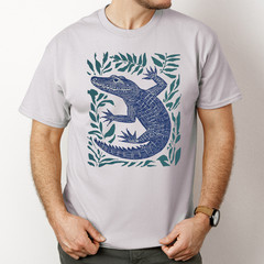 Blue Alligator Shirt Leaf Border Graphic Nature Animal Print Tshirt gray