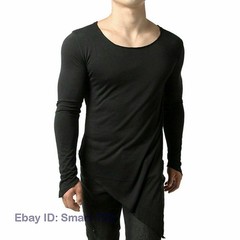 Mens Asymmetric Slit Hem Summer T-shirt Top Tee Long Sleeve Pullover Shirt Hot