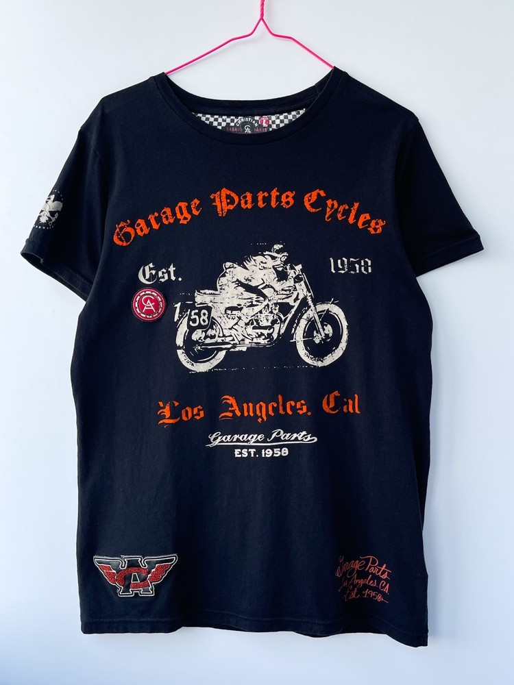 Christian Audigier Men’s T-Shirt Black Biker Garage Parts Motorcycle Y2K Size M