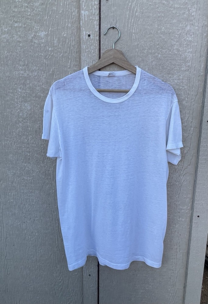 Vintage 50s 60s White Cotton Tee Shirt Large Single Stitch Distressed Frayed