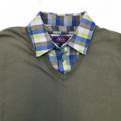 Akoo Run Alone Olive Green V-Neck Shirt Plaid Collar XL Streetwear Retro