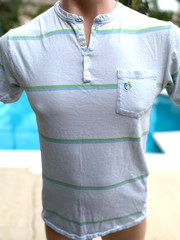 Hang Ten Gold Henley Feet Logo Pocket Striped short sleeve T Shirt Mens XS/S
