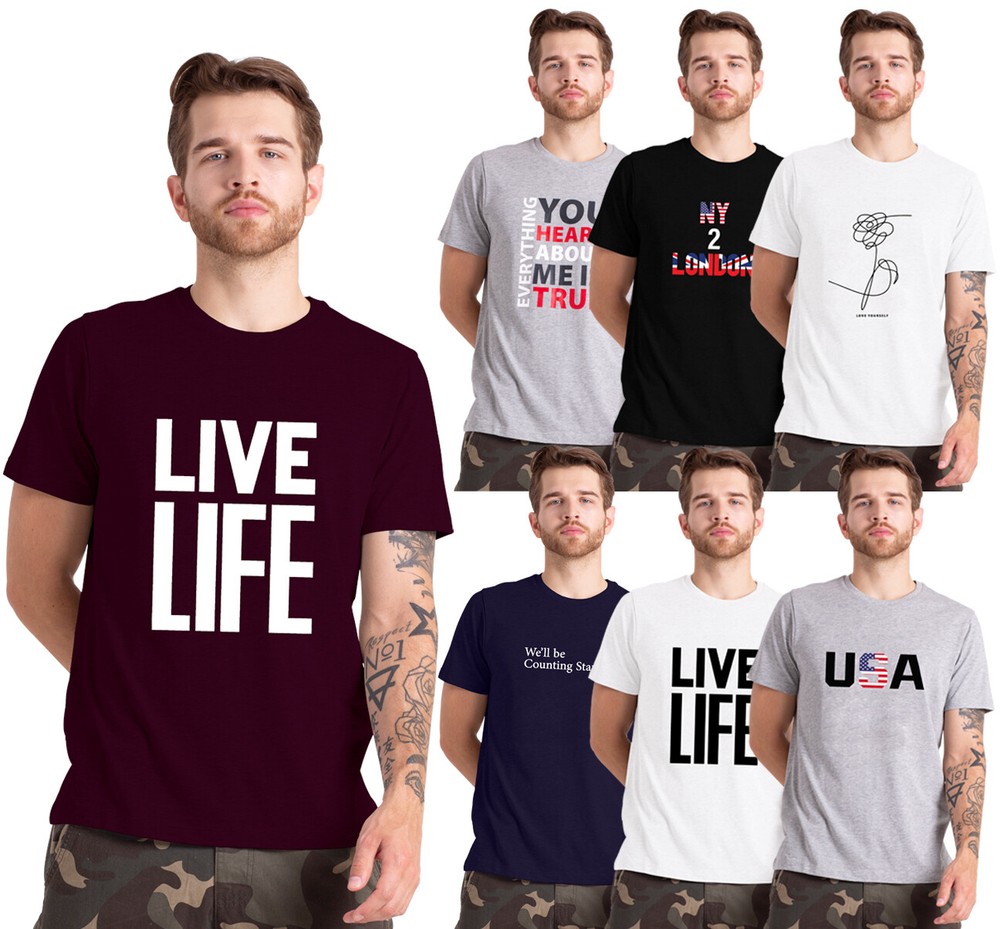 New Mens Printed T Shirts Short Sleeve Crew Neck 100% Cotton Tees Casual Top