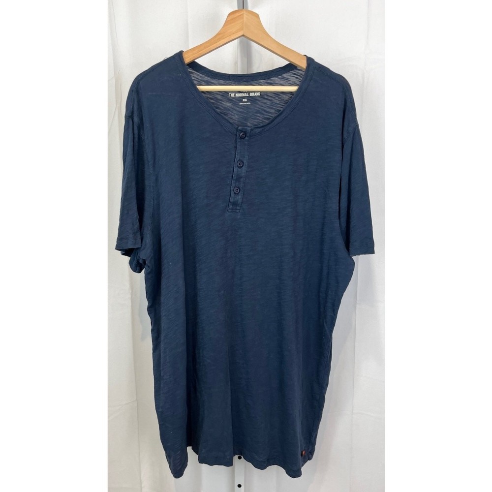THE NORMAL BRAND Size 2XL XXL Henley Short Sleeve Top Slub Cotton Knit Navy Blue