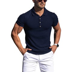 Mens Tee Short Sleeve T-Shirt Summer Ribbed Stretch Slim Fit Casual Blouse Tops