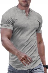 Men’s Muscle Slim Henley Shirts Crewneck T-Shirt Gym Workout Athletic Shirt Tees