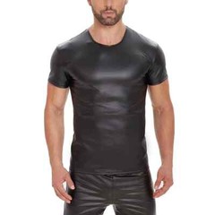 Men Soft Matte Leather T-Shirt Stretch Shiny Leather Vest Gym Crew Neck