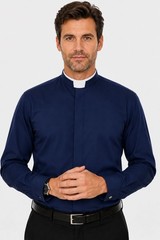 Men’s Navy Clergy Shirt Roman Collar Long Sleeve Pastor Priest Church Wear