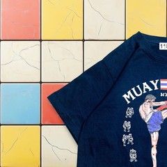 VTG Muay Thai Y2K Kick Boxing Shirt Men S Navy MMA Thailand Tee Kick Leeson