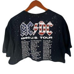 AC/DC 1980 US Tour Graphic Tshirt Black Bleach Wash Cropped Rock Band Tee XLarge