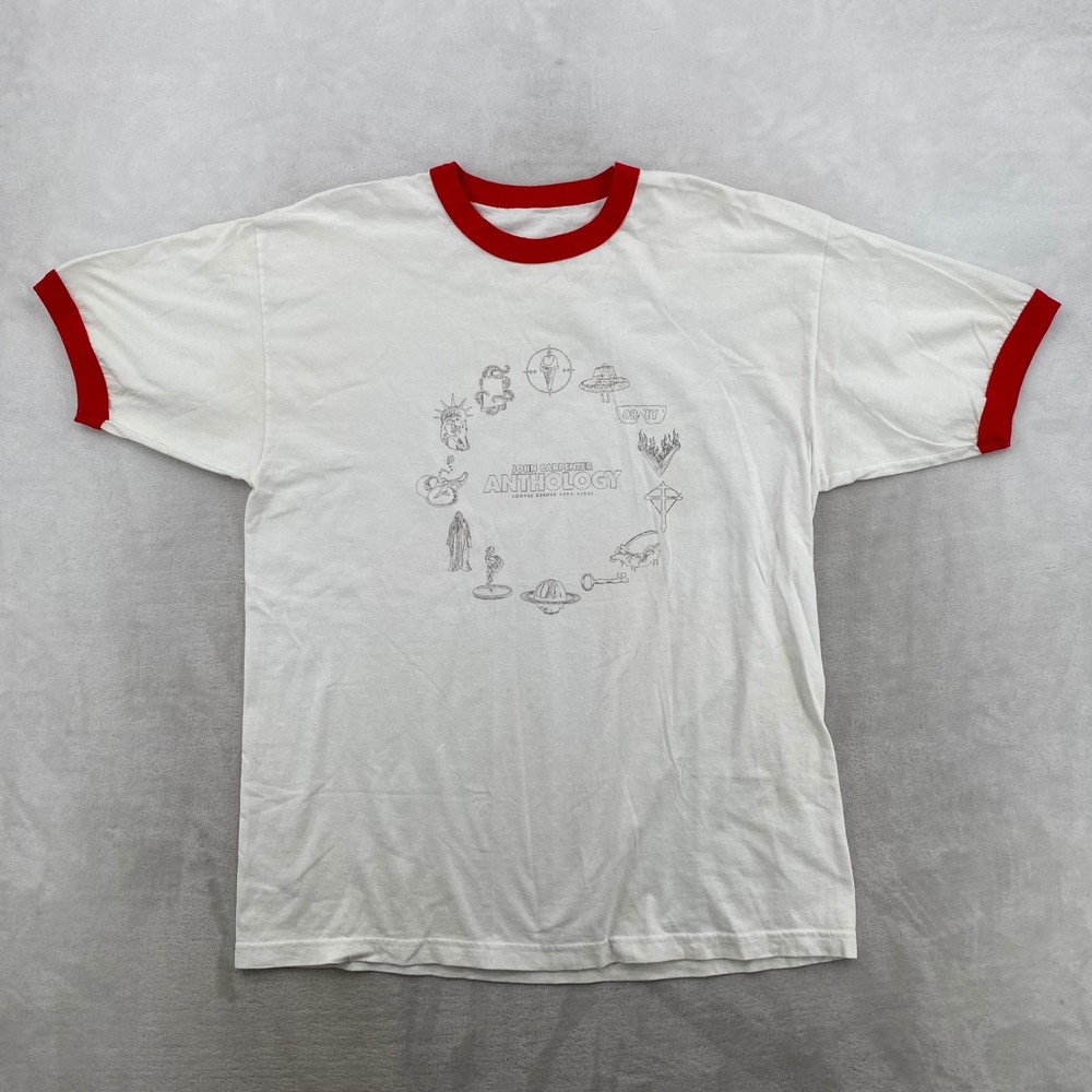 John Carpenter Anthology Movie Themes Promo T-Shirt Mens White Red Ringer Tee