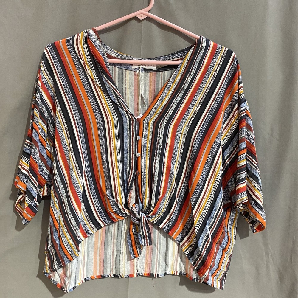 Mustard Seed button-front blouse a colorful striped pattern Size M Boho TG2078