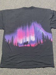 Vintage Aurora Northern Lights Wolf Night Wrap Around Faded Black Shirt 2XL SS