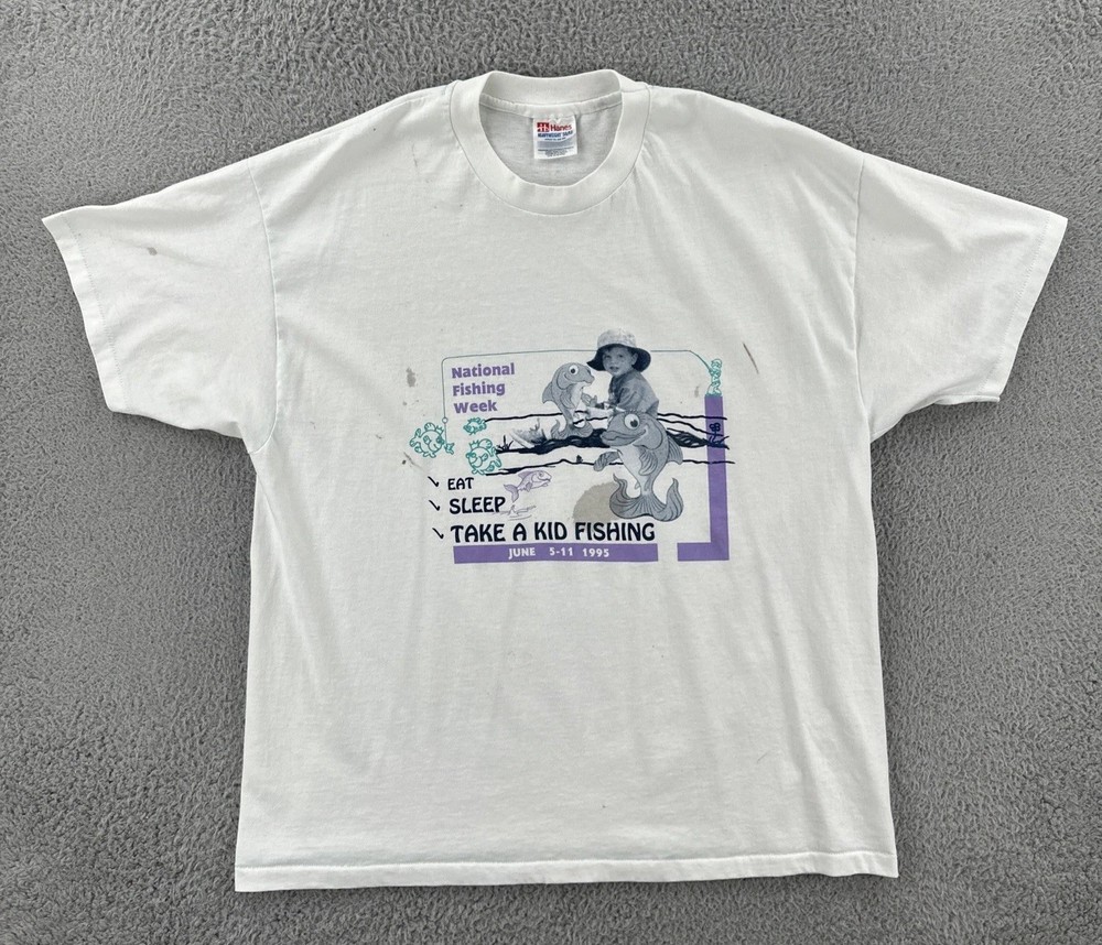 Vtg Hanes Heavyweight 50/50 Mens XL 90s Distressed White Shirt 1995 Fishing Week