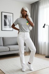 George Gray Cotton Jersey T-Shirt M Crew Neck Embroidered Pineapple and Earrings