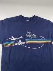 Vtg 70s Austin Velva Sheen Shirt M Fits Smaller Blue Rainbow Graphic Spell Out