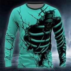 2025 Halloween Skeleton Print Long Sleeve T-Shirt Men Gothic Casual Top NEW!
