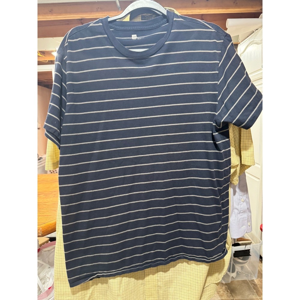 GAP Mens Short Sleeve Striped T-Shirt Navy Blue Grey Crew Neck Large L RN 54023
