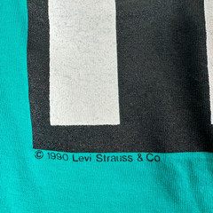 Vintage Levis 501 “Button Your Fly” Tee 90s Single Stitch T Shirt Teal Med Vtg