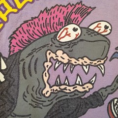 ALAB Shark on a Skateboard Purple Tee T-Shirt Size L Short Sleeve Distressed