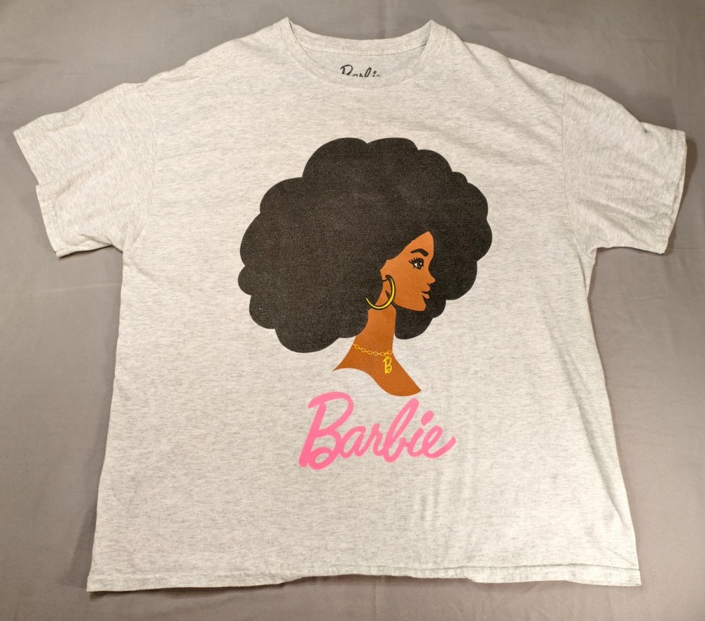 Barbie T-Shirt Mens XL Gray Heather Brooklyn Afro Graphic Gold Hoop Earrings Tee