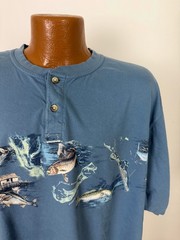 Fish Graphic Henley Shirt Men XXL Saltwater Fishing Bass Dad Cotton Reel Legends