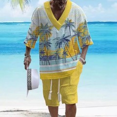 Beach Loose Print V-neck Mens Knitted Short-sleeved Short-shorts Set Casual 2pcs