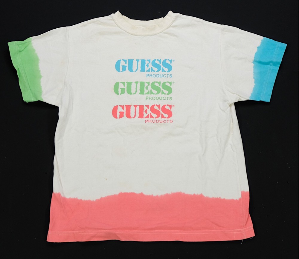 Rare Vintage GUESS Products Triple Spell Out T Shirt 90s White Red Green Blue L