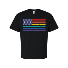 Unisex American Flag Tee With Rainbow Stripes Graphic Across Chest For Pride And