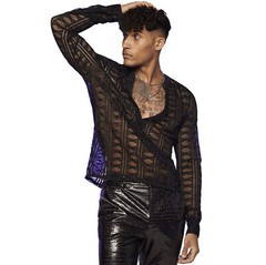 Men’s V-Neck Lace Long Sleeved T-Shirt with Transparent Mesh Elastic Shirt Base