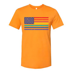 Unisex American Flag Tee With Rainbow Stripes Graphic Across Chest For Pride And