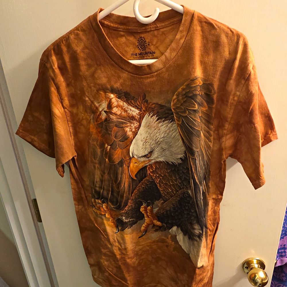 The Mountain Golden Brown Watercolor Tie-Dye Bald Eagle Cotton Crew Tee Med New