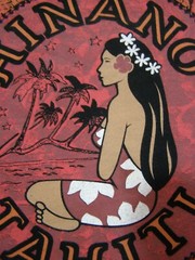 Hinano Tahiti Seated Island Girl T-Shirt Red Background Palms Black Shirt Size L