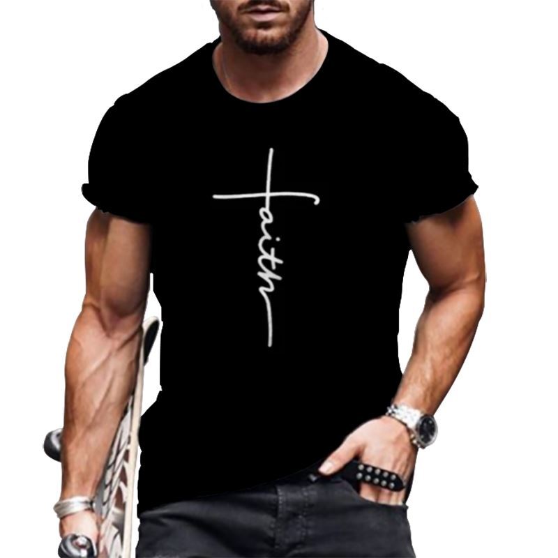 Camiseta Hombre Cruz Fe Negro Moda Blanco Camisa Manga Corta Suave Sedoso Verano