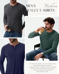 Ficerd Henley 3 Pack Men’s Big & Tall Henley T-shirts Long Sleeve Plus Size Cot