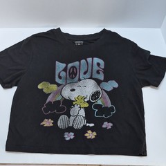 Peanuts Snoopy & Woodstock Love Peace Black Graphic Print Crew Neck T-Shirt XS