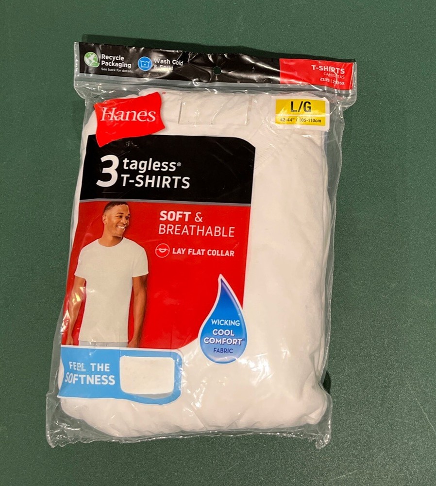 Hanes 3-100% Cotton Tagless T-Shirts Soft & Breathable Lay Flat Collar Sz L NWT