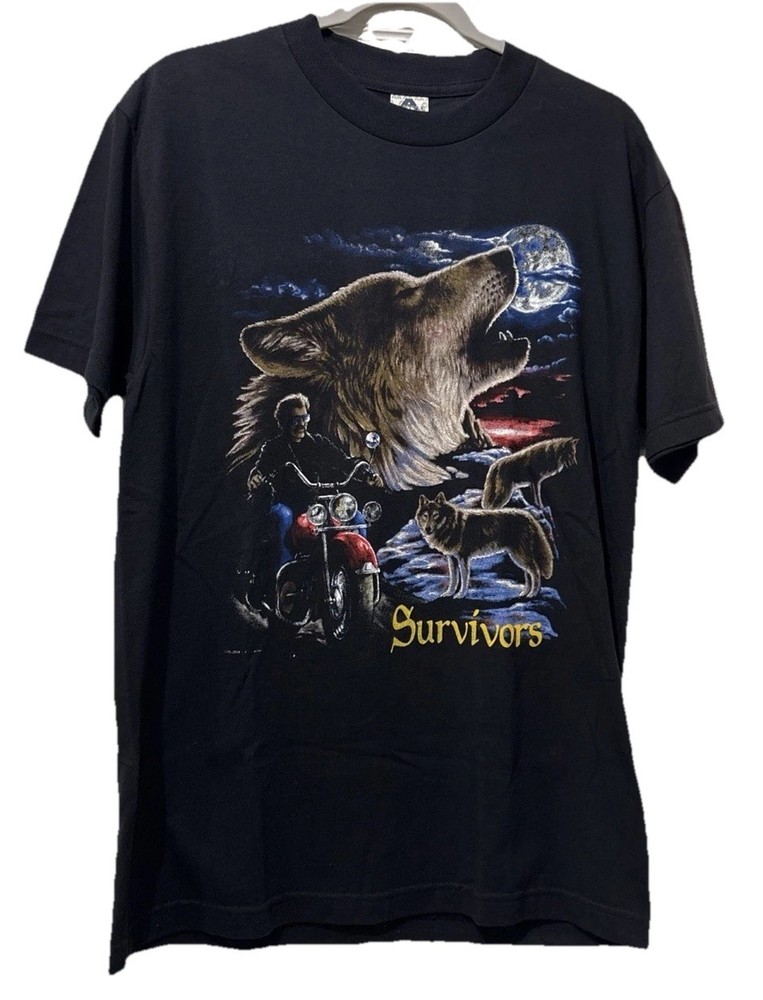 Motorcycle Wolf Survivors Mens Size Medium T-shirt Biker Graphic Black *Read*