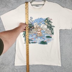 Vintage Cat Shirt Mens Large White Kittens Fishing Pond Graphic 90s Nature Cute