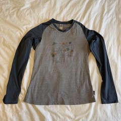 Vintage prAna Long Sleeve Raglan Shirt Small S Gray Blue Floral Spellout Graphic