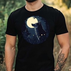Mens Wolf in the Moonlight Motif Cotton T-Shirt Size XS to 5XL