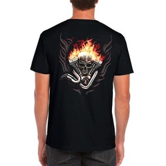 Biker style T-Shirt. Skeleton on a Burning Motorcycle.
